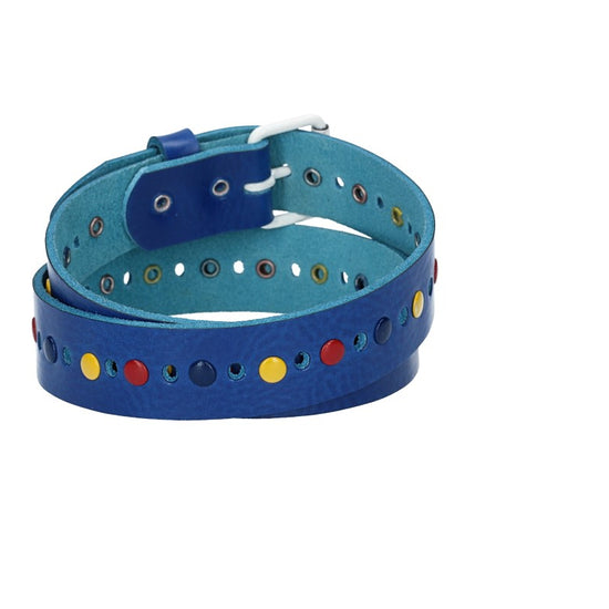 Ledergürtel Kids 25mm in Kobaltblau mit durchgehender Lochung, bunten Nieten und weißer Rollschließe - leder-accessoires.com