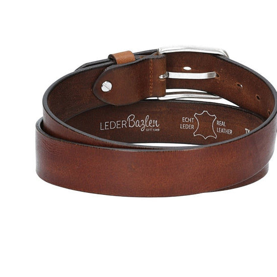 Ledergürtel Cognac 35mm mit Dornschließe in Silber - leder-accessoires.com