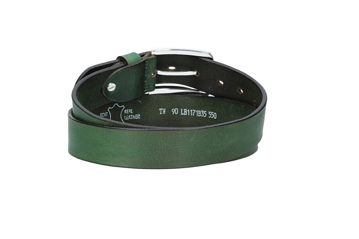 Ledergürtel Grün 35mm mit Dornschließe in Silber