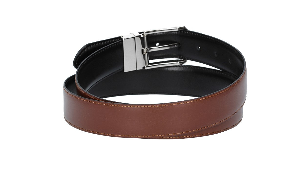 Wende-|Anzugsgürtel 35mm abgenäht in Cognac|Schwarz mit Dornschließe - leder-accessoires.com