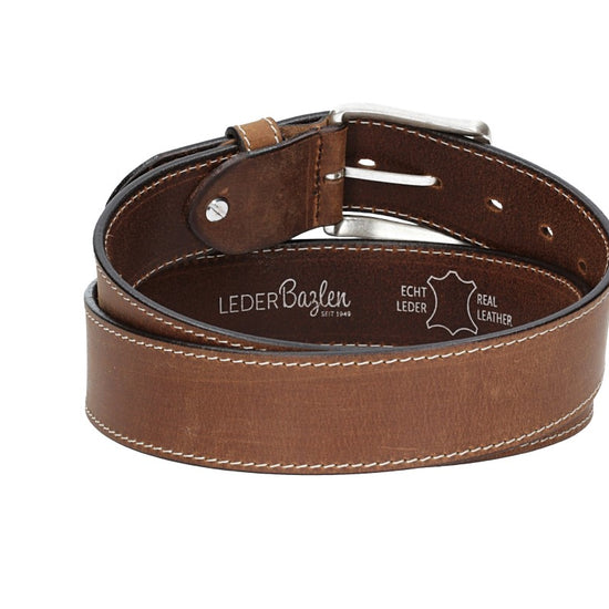 Ledergürtel Cognac 40mm abgenäht mit Dornschließe in Silber - leder-accessoires.com