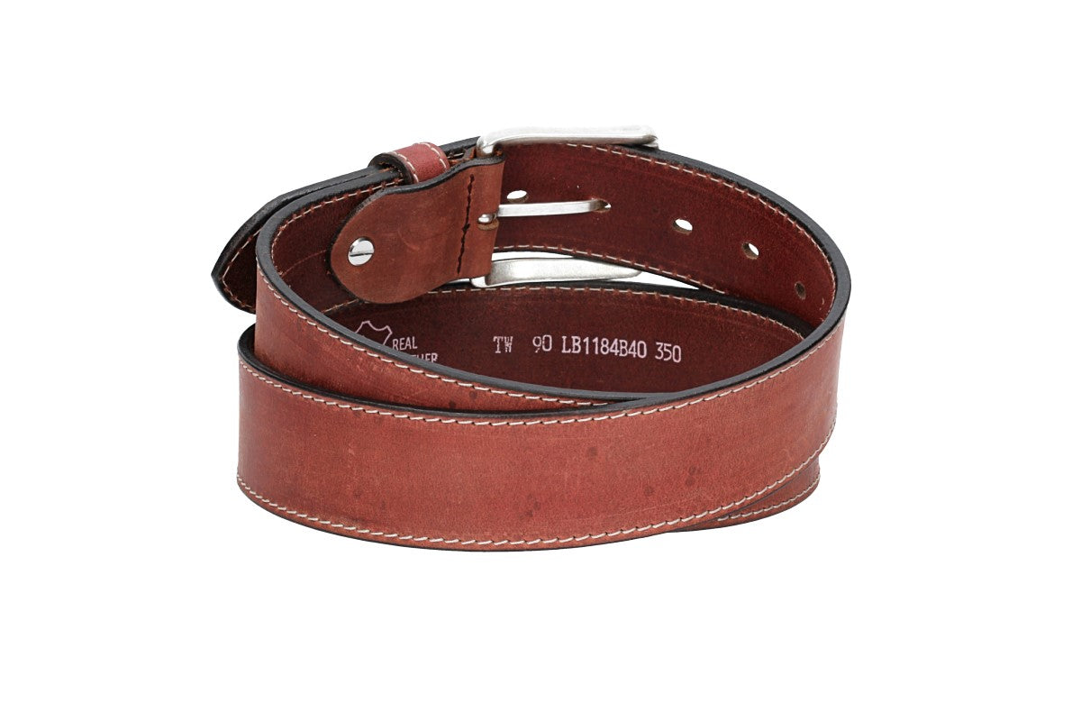 Ledergürtel Rot 40mm abgenäht mit Dornschließe in Silber