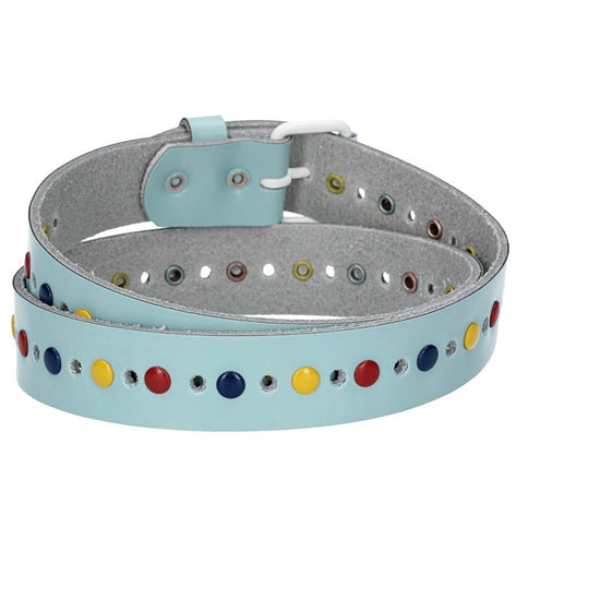 Ledergürtel Kids 25mm in Hellblau mit durchgehender Lochung, bunten Nieten und weißer Rollschließe - leder-accessoires.com