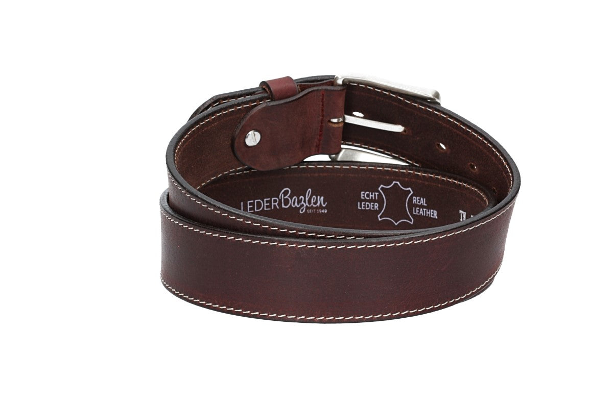 Ledergürtel Rot|Bordeaux 40mm abgenäht mit Dornschließe in Silber