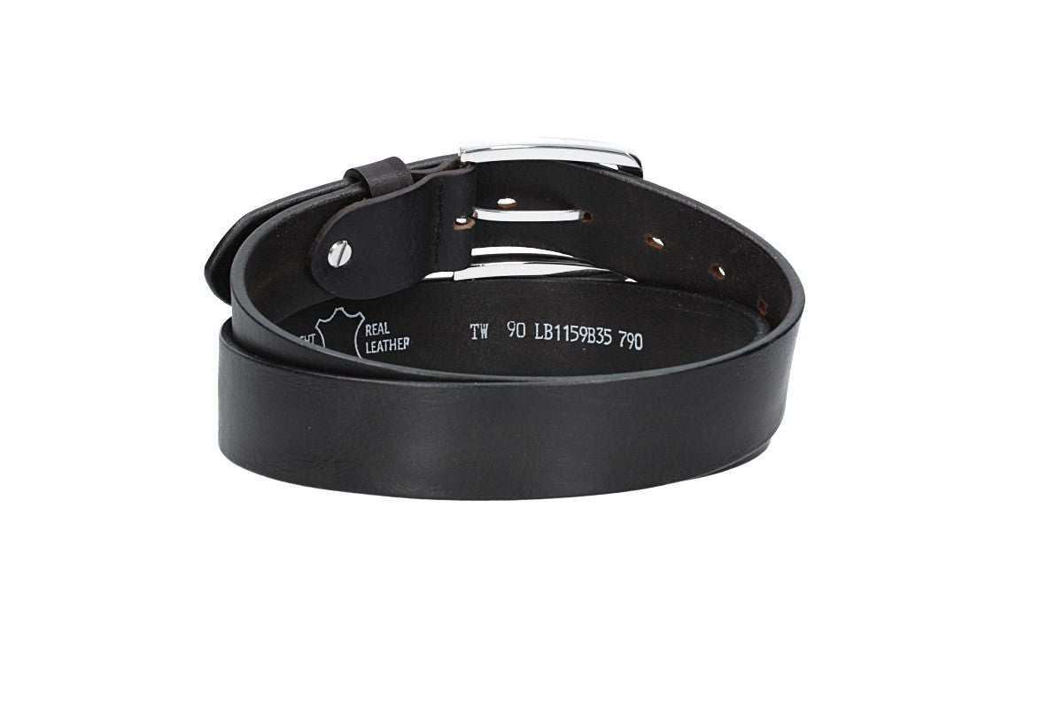Ledergürtel Schwarz 35mm mit Dornschließe in Silber