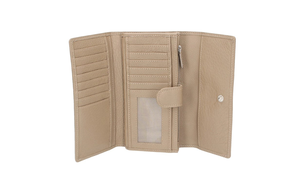 Damenbörse mit Überschlag in Taupe aus Leder