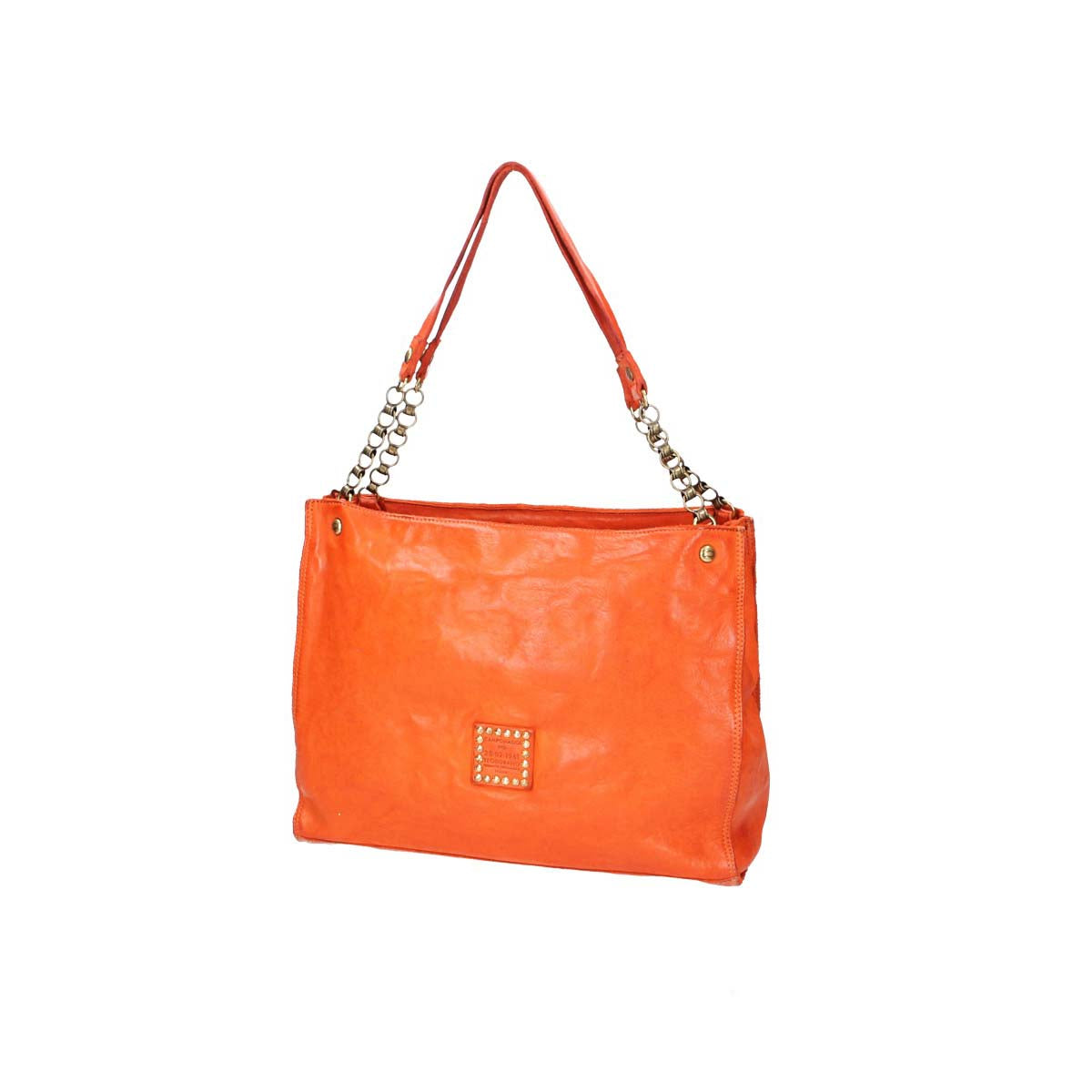 Schultertasche in Orange aus Leder mit Flechtmuster und Kettenriemen