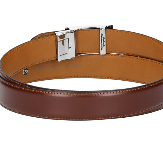 Anzugs| Automatikgürtel 35mm bombiert und abgenäht in Cognac mit Koppelschließe - leder-accessoires.com