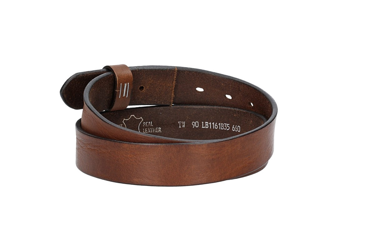 Lederriemen | Gürtelrohling Glanz 35mm in Cognac mit Schlaufe und Kapplochteil