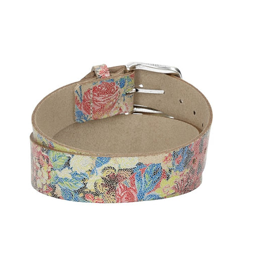 Ledergürtel Kids 30mm in Beige mit floralem Muster und Schließe Silber - leder-accessoires.com