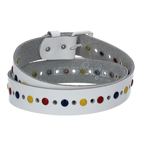 Ledergürtel Kids 25mm in Weiß mit durchgehender Lochung, bunten Nieten und weißer Rollschließe - leder-accessoires.com