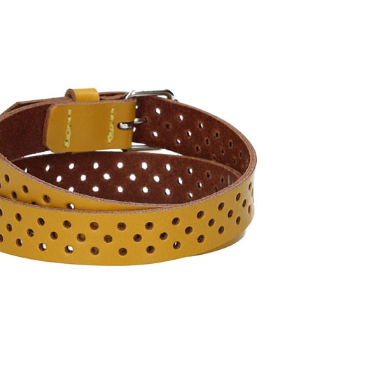 Ledergürtel Mini 20mm in Gelb mit durchgehender Lochung und dunkler Rollschließe - leder-accessoires.com