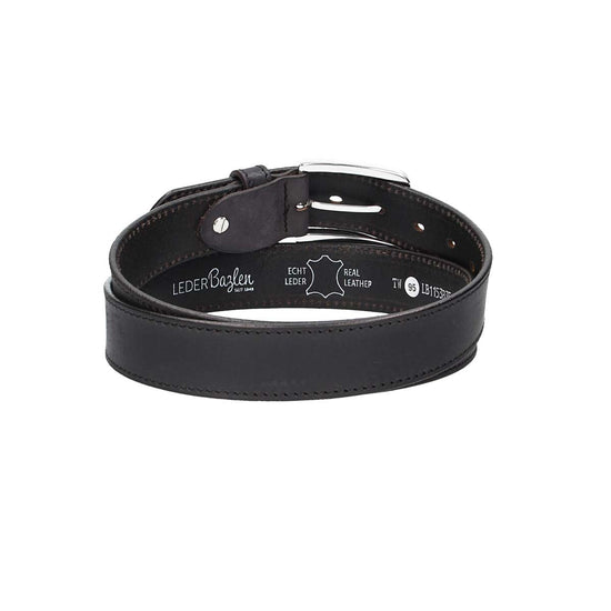 Ledergürtel Schwarz 35mm abgenäht mit Dornschließe in Silber - leder-accessoires.com