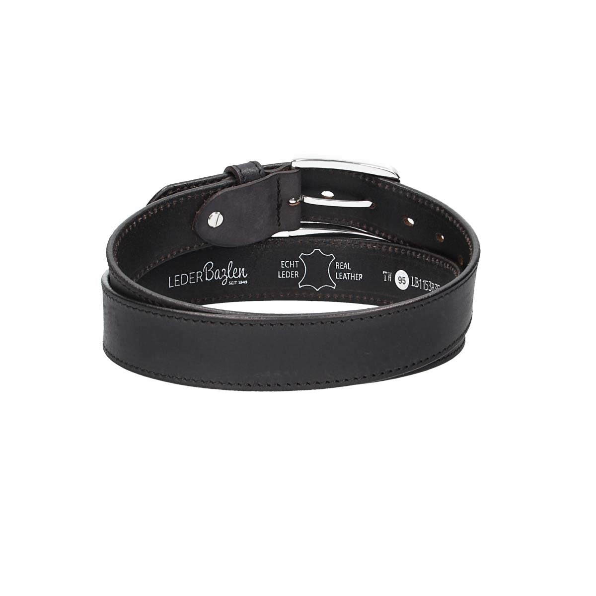 Ledergürtel Schwarz 35mm abgenäht mit Dornschließe in Silber