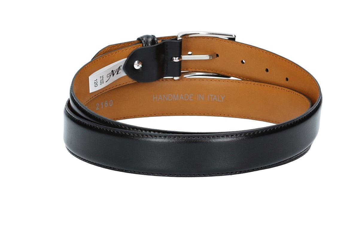 Herren-|Anzugsgürtel 35mm bombiert und abgenäht in Schwarz mit Dornschließe - leder-accessoires.com