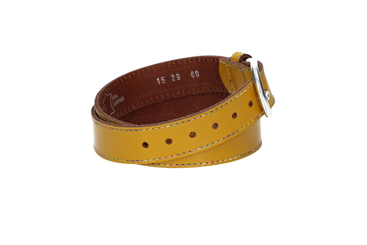 Ledergürtel Kids 25mm in Gelb mit Multicolornaht und Dornschließe in Silber