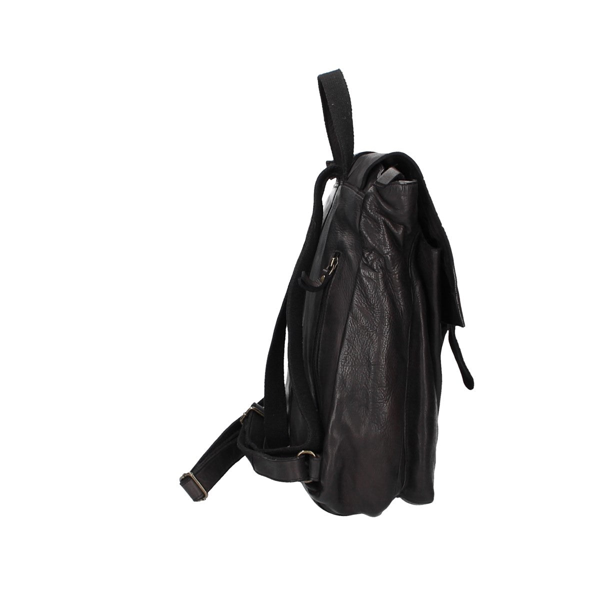 Rucksack mit Überschlag und Lasche in Schwarz aus Leder