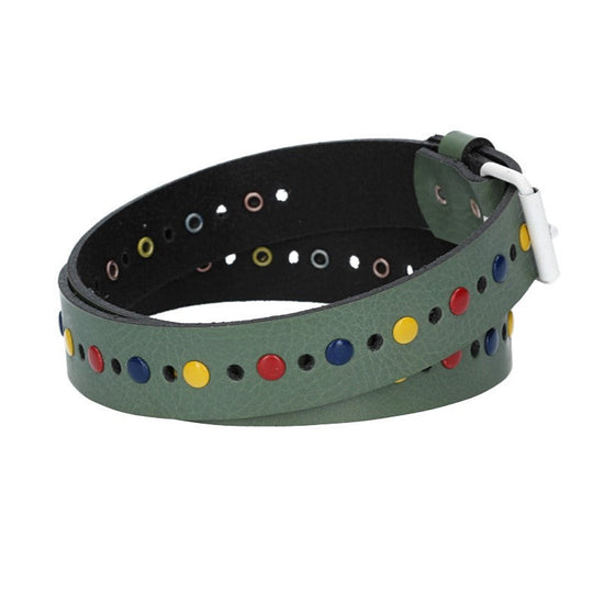 Ledergürtel Kids 25mm in Grün mit durchgehender Lochung, bunten Nieten und weißer Rollschließe - leder-accessoires.com