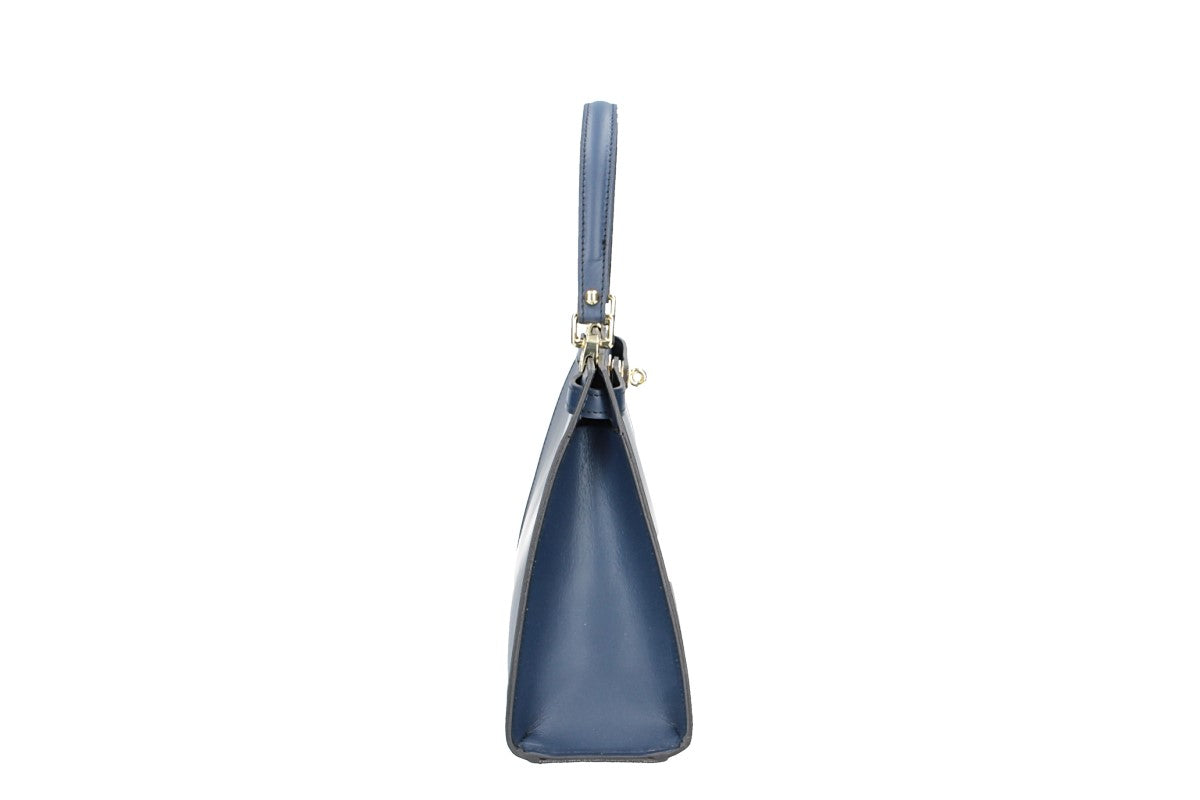 Handtasche aus Leder in Blau mit Schloss in Gold