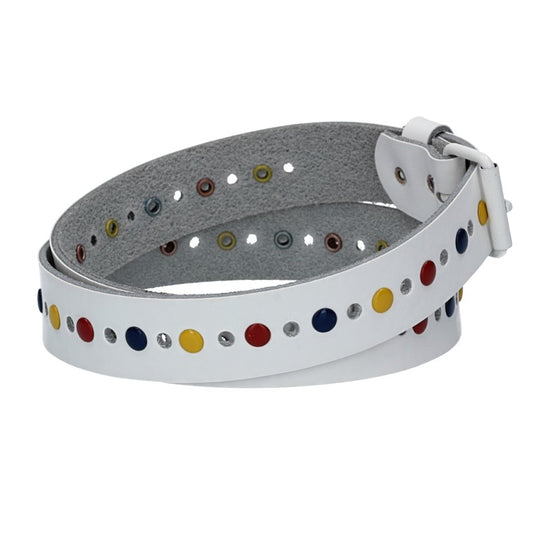 Ledergürtel Kids 25mm in Weiß mit durchgehender Lochung, bunten Nieten und weißer Rollschließe - leder-accessoires.com