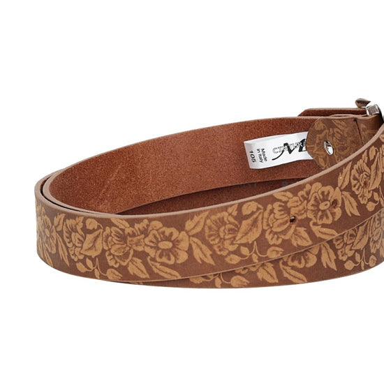 Ledergürtel 35mm in Cognac|Blumenprägung mit Vollschließe in Silber - leder-accessoires.com