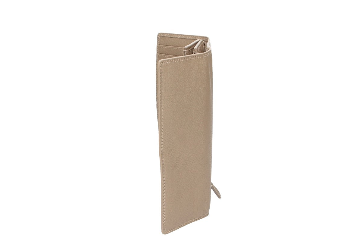 Damenbörse mit Überschlag in Taupe aus Leder