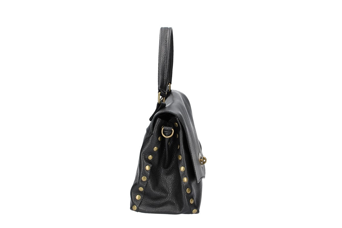 Kurzgrifftasche in Schwarz mit Überschlag aus Leder