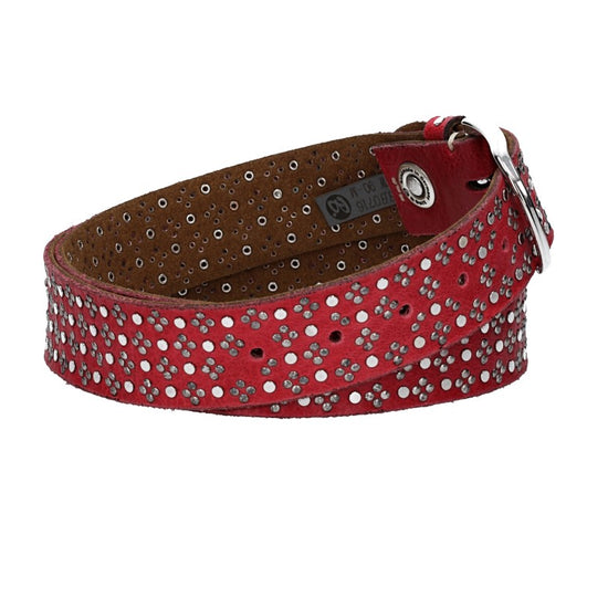 Nietengürtel 35mm in Rot und glänzende Dornschließe Silber - leder-accessoires.com