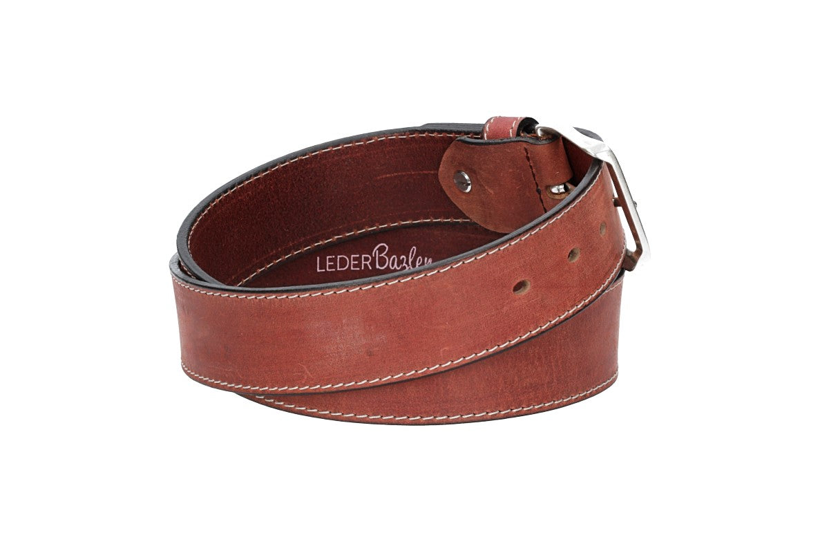 Ledergürtel Rot 40mm abgenäht mit Dornschließe in Silber