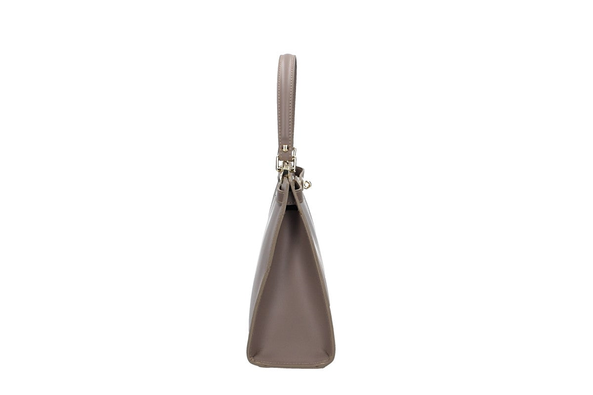 Handtasche aus Leder in Taupe mit Schloss in Gold