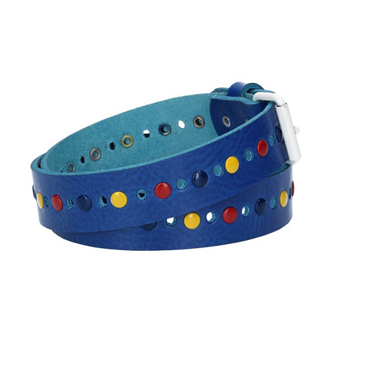 Ledergürtel Kids 25mm in Kobaltblau mit durchgehender Lochung, bunten Nieten und weißer Rollschließe - leder-accessoires.com