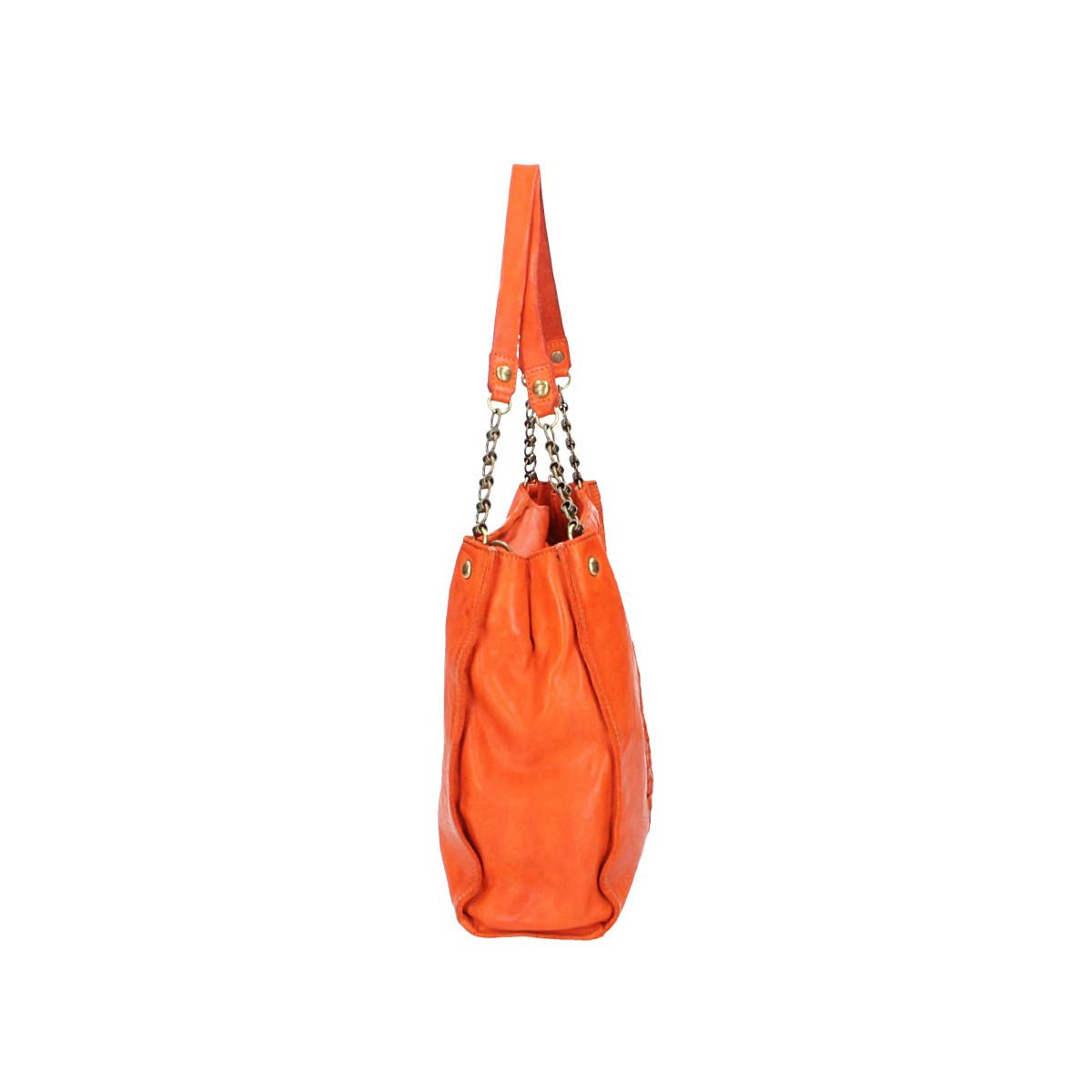 Schultertasche in Orange aus Leder mit Flechtmuster und Kettenriemen