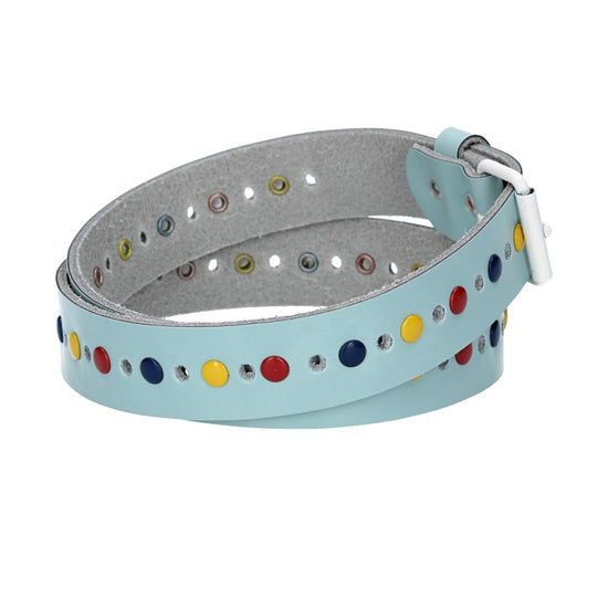 Ledergürtel Kids 25mm in Hellblau mit durchgehender Lochung, bunten Nieten und weißer Rollschließe - leder-accessoires.com