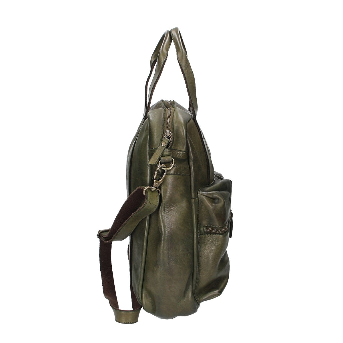 Ledertasche in Grün|Oliv mit Reißverschluss und zwei Vortaschen