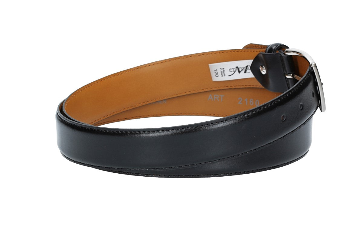 Herren-|Anzugsgürtel 35mm bombiert und abgenäht in Schwarz mit Dornschließe - leder-accessoires.com