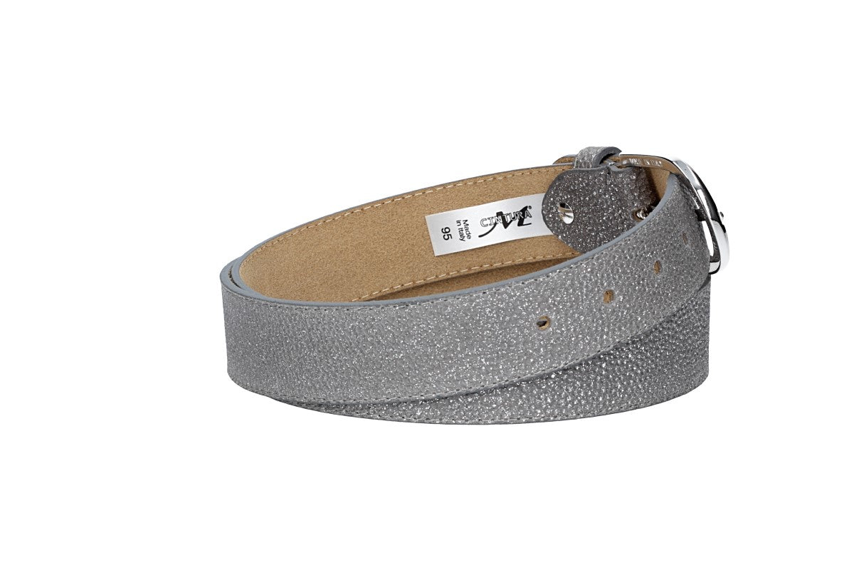 Ledergürtel 35mm Silber|Glitzer mit Dornschließe in Silber