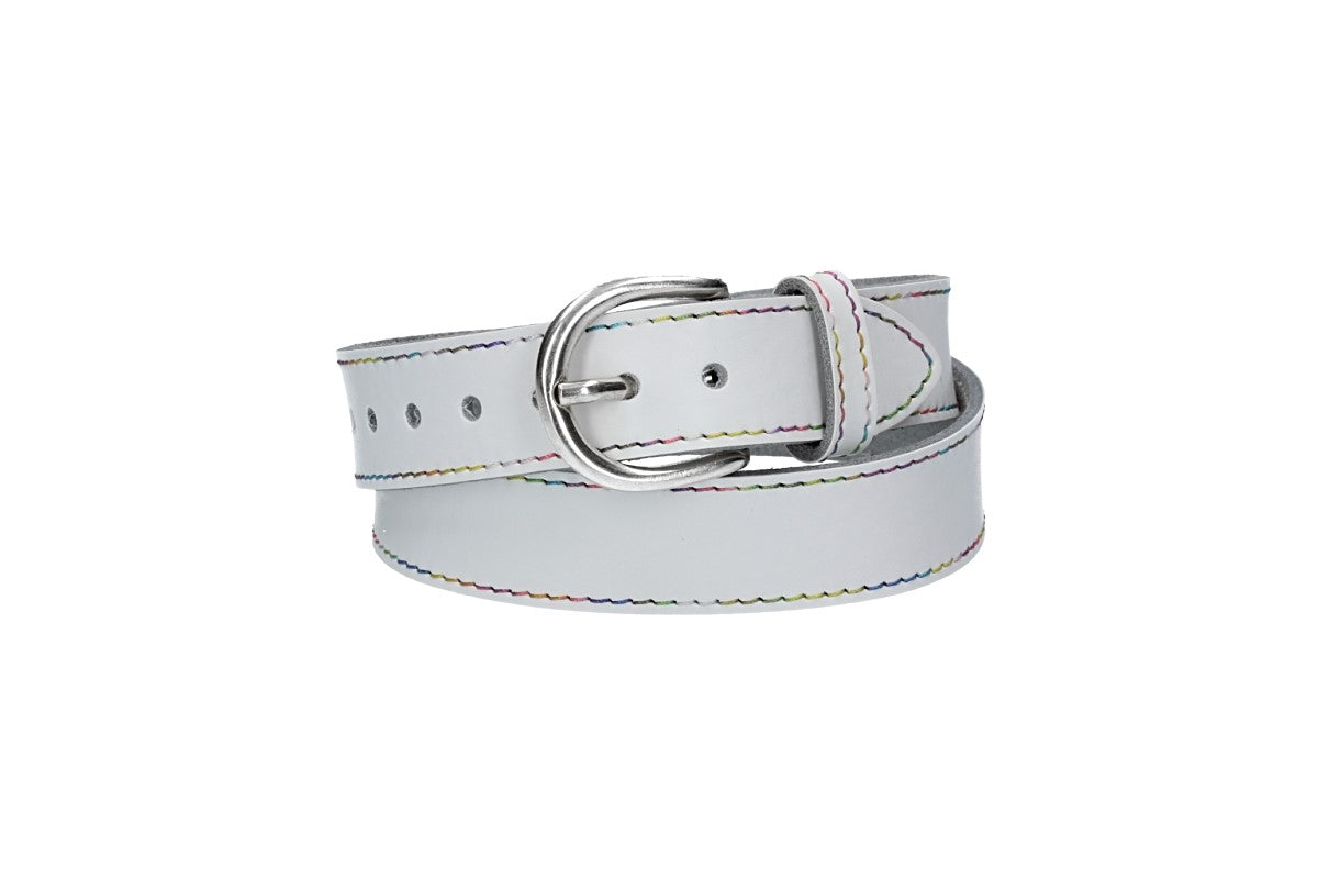 Ledergürtel Kids 25mm in Weiss mit Multicolornaht und Dornschließe in Silber