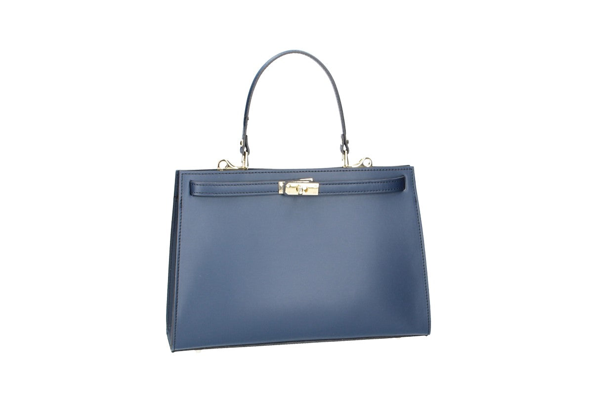 Handtasche aus Leder in Blau mit Schloss in Gold
