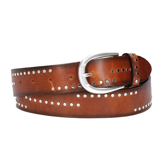 Nietengürtel 35mm in Cognac mit Airbrushkante und Dornschließe Silber - leder-accessoires.com