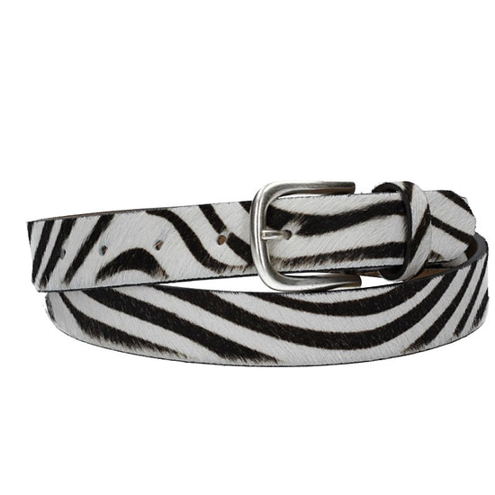 Fellgürtel 30mm in Zebraoptik mit Dornschließe in Silber - leder-accessoires.com