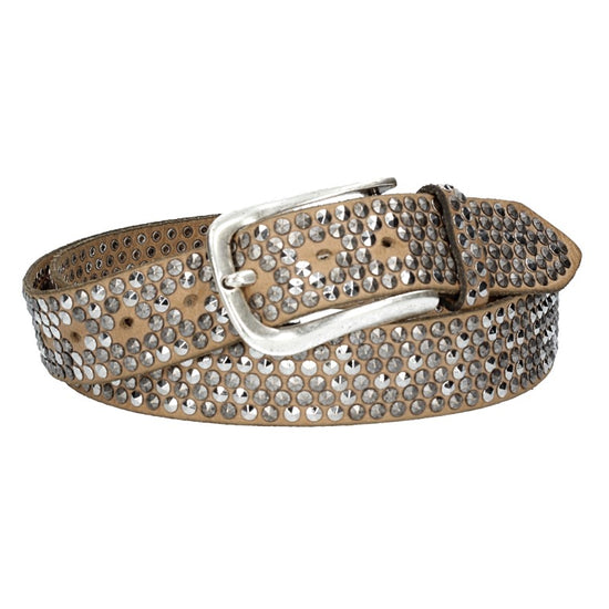 Nietengürtel 35mm in Taupe mit Pyramidennieten und Dornschließe Silber - leder-accessoires.com