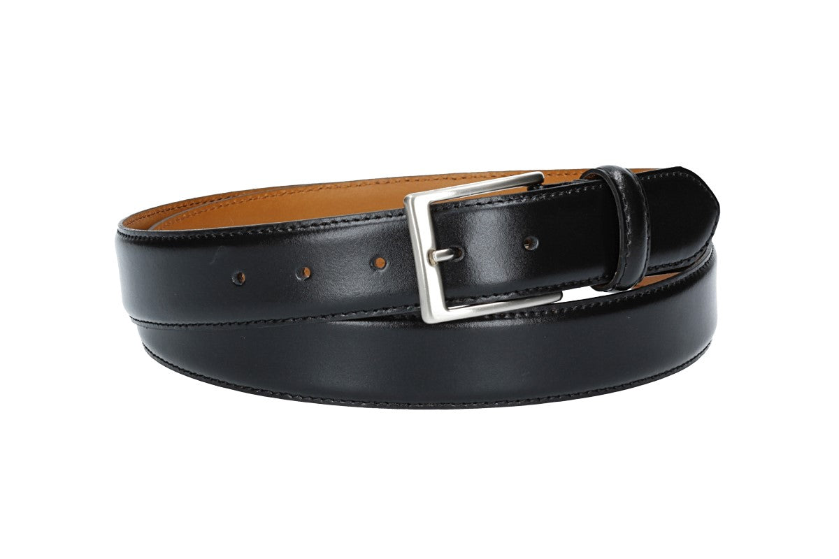 Herren-|Anzugsgürtel 35mm bombiert und abgenäht in Schwarz mit Dornschließe - leder-accessoires.com