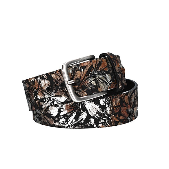 Ledergürtel Kids 30mm in Schwarz mit Blumenmuster und Schließe Silber - leder-accessoires.com