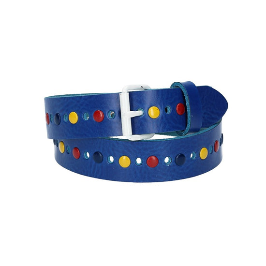 Ledergürtel Kids 25mm in Kobaltblau mit durchgehender Lochung, bunten Nieten und weißer Rollschließe - leder-accessoires.com