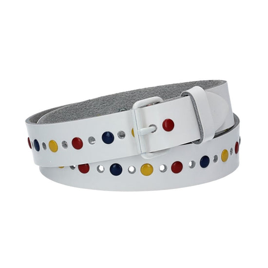 Ledergürtel Kids 25mm in Weiß mit durchgehender Lochung, bunten Nieten und weißer Rollschließe - leder-accessoires.com