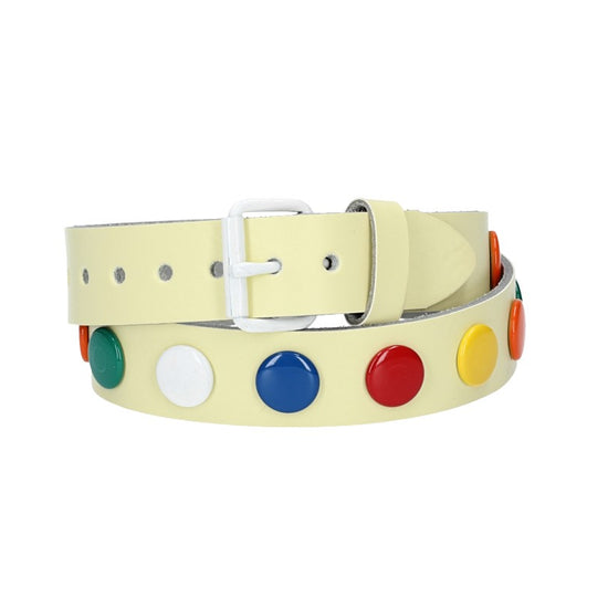 Ledergürtel Kids 25mm in Hellgelb mit bunten Nieten und Rollschließe Weiß - leder-accessoires.com
