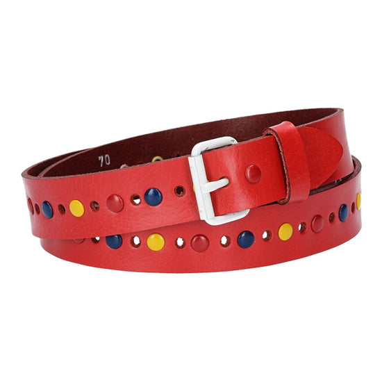 Ledergürtel Kids 25mm in Rot mit durchgehender Lochung, bunten Nieten und weißer Rollschließe - leder-accessoires.com