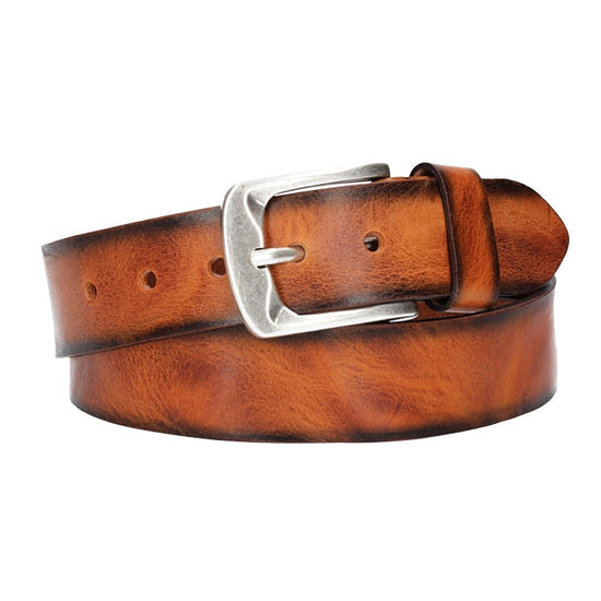 Jeansgürtel 40mm in Cognac mit Airbrushkante und Dornschließe Altsilber - leder-accessoires.com
