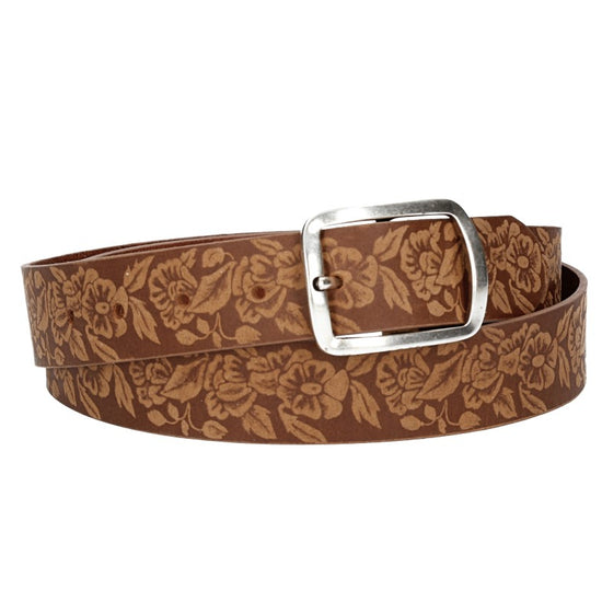 Ledergürtel 35mm in Cognac|Blumenprägung mit Vollschließe in Silber - leder-accessoires.com