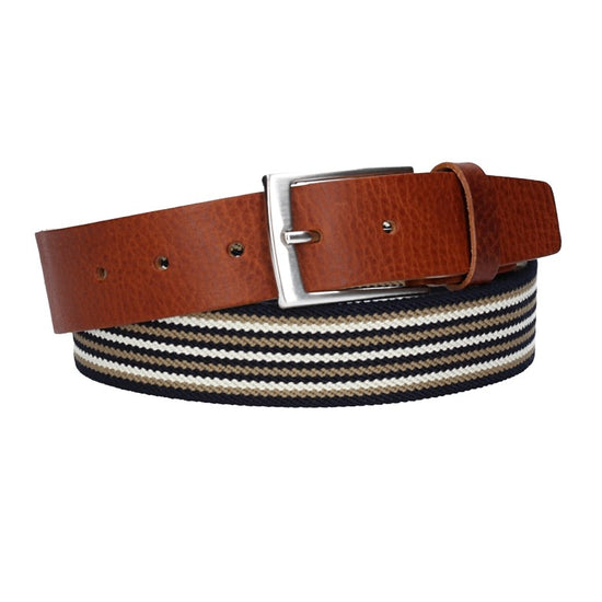 Stretchgürtel|Bandgürtel 35mm in Cognac gestreift mit Dornschließe - leder-accessoires.com